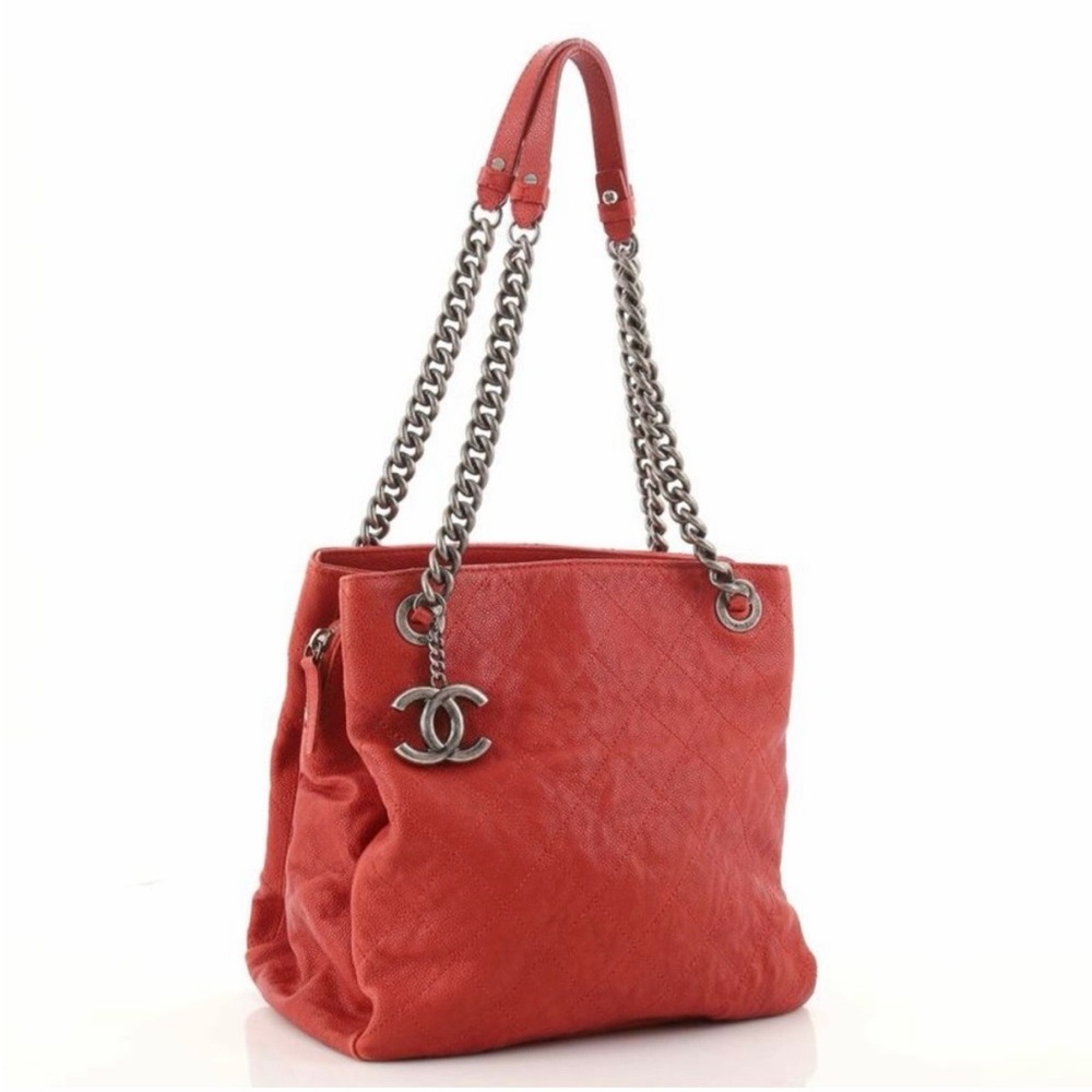 Chanel Red Coral CC Caviar Quilted Shoulder Chain Straps Bag